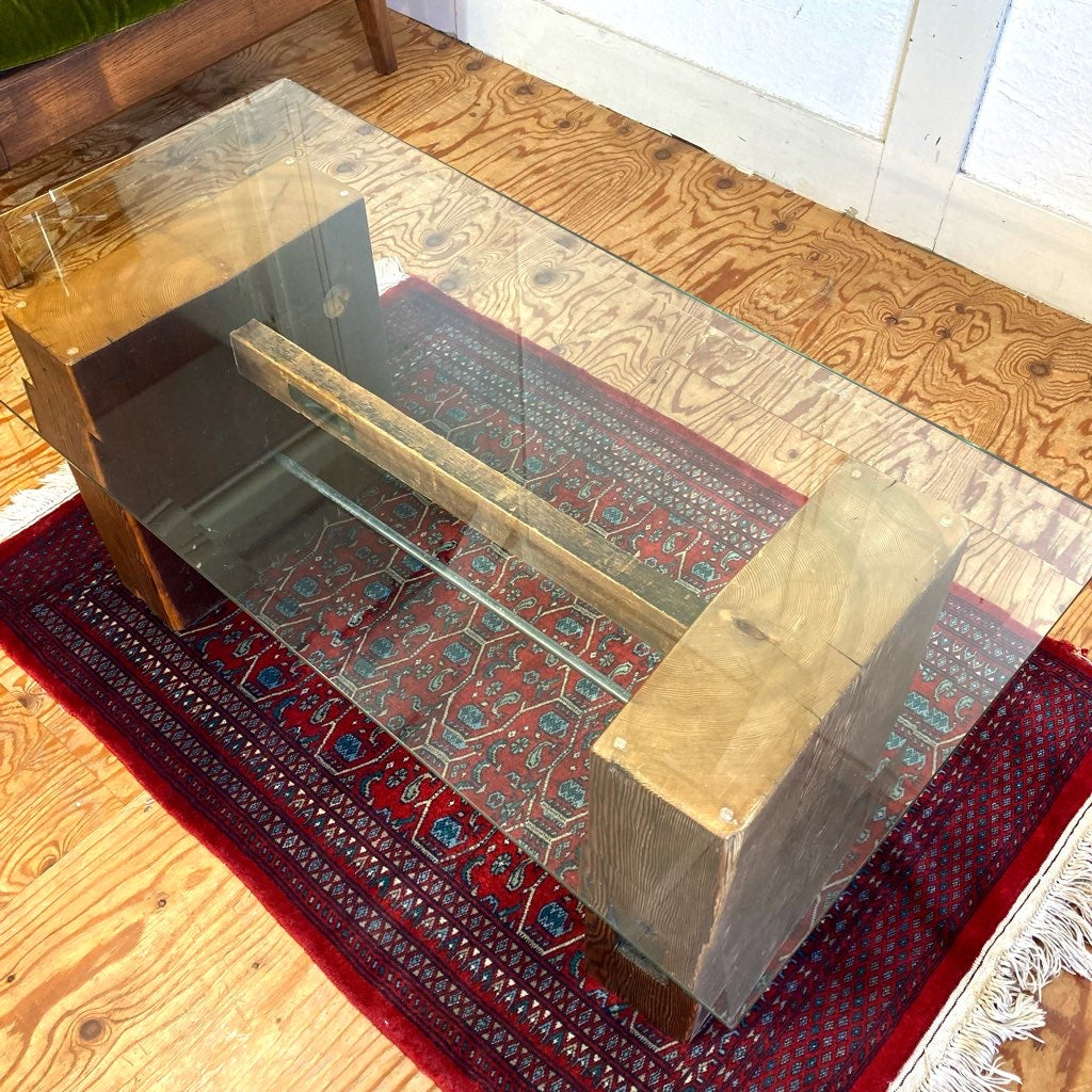古材脚のガラステーブル センターテーブル リメイクテーブル